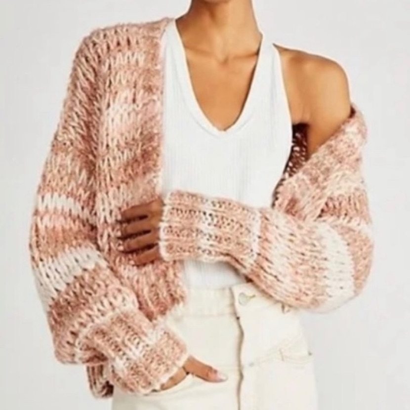 Free People Wanderer Chunky Cardigan /Pink Ivory Peach Xs Oversized / Like New
